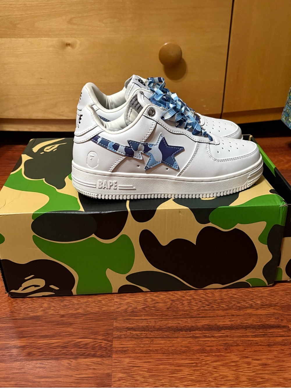Bape womens White Leather Sneakers with Blue Camo Star